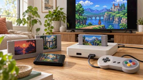 Illustration of old game cartridges alongside a modern console and a television displaying pixel art