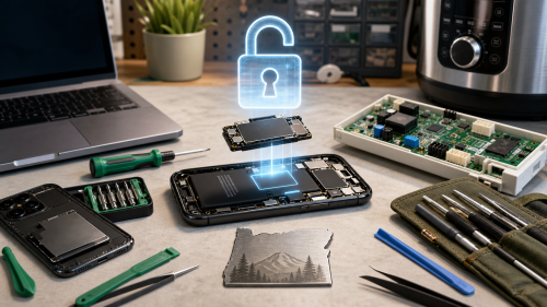 Repair workbench with consumer electronics, replacement parts and an open software lock