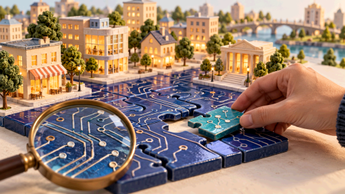 A hand replaces part of the digital foundations beneath a miniature town