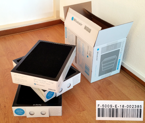 BlueAir SmokeStop filter set with box. Barcode: F-500S-E-18-002385